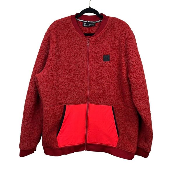 Under Armour Legacy Sherpa Jacket Full Zip Kangaroo Pocket Red Orange Men Sz XXL
